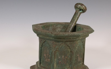 Iran, a bronze antique mortar and pestle in Khorassan style, 19th century