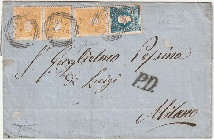 Italian Ancient States - Lombardo Veneto 1863 - 2nd issue 2nd type 2 s. single piece + pair + 15 s. on letter from Ceneda to Milan, very rare and - Sassone NN.28+32