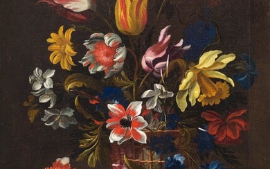 JEAN-MICHEL PICART (CERCLE)(Anvers 1600-1682 Paris)Nature morte de fleurs dans un panier sur une dalle de...