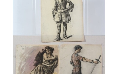 JONAS Lucien. (1880-1947). Suite de 3 études au fusain et crayons représentant des personnages de...