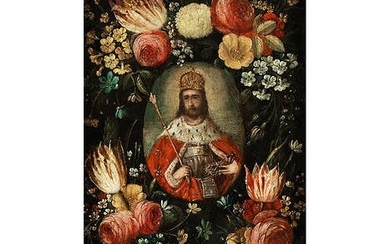 Jan Brueghel d. J. (1601 – 1678) und ein Maler der Francken-Familie, BLUMEN UM EIN MEDAILLON MIT CHRISTUS ALS KÖNIG