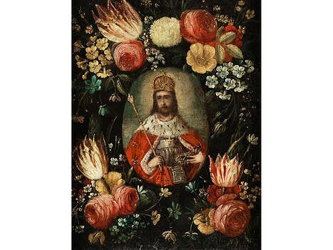 Jan Brueghel d. J. (1601 – 1678) und ein Maler der Francken-Familie, BLUMEN UM EIN MEDAILLON MIT CHRISTUS ALS KÖNIG