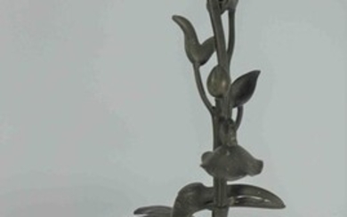 Japanese Cast Bronze Figural Candlestick Holder, Meiji Period, Modelled as a Crane with an open