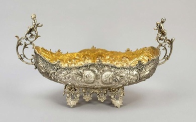 Jardiniere, c. 1900, plated, gilded interior, on 4 feet, the side handles decorated with fully