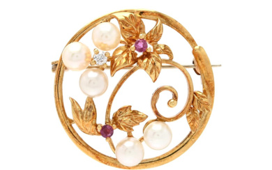 Jewellery Brooch BROOCH, 18K gold, cultured pearls, rubies, brilliant c...