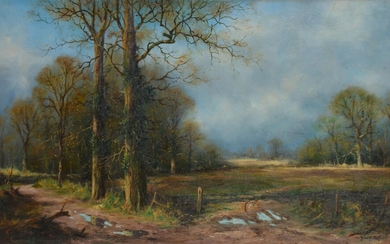 λ John Trickett (British b. 1953), Forest landscape with church beyond