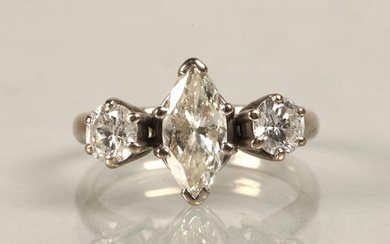 Ladies 18ct white gold three stone diamond ring central marq...