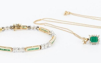 Ladies Diamond and Emerald Bracelet & Pendant w/