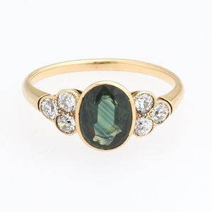 Ladies' Victorian Gold, Natural Green Sapphire and Diamond Ring