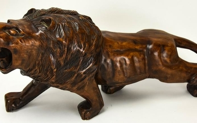 Large Carved Wood Statue of a Pacing Lion