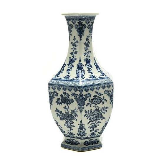 Large Chinese Blue and White Hexagonal Vase