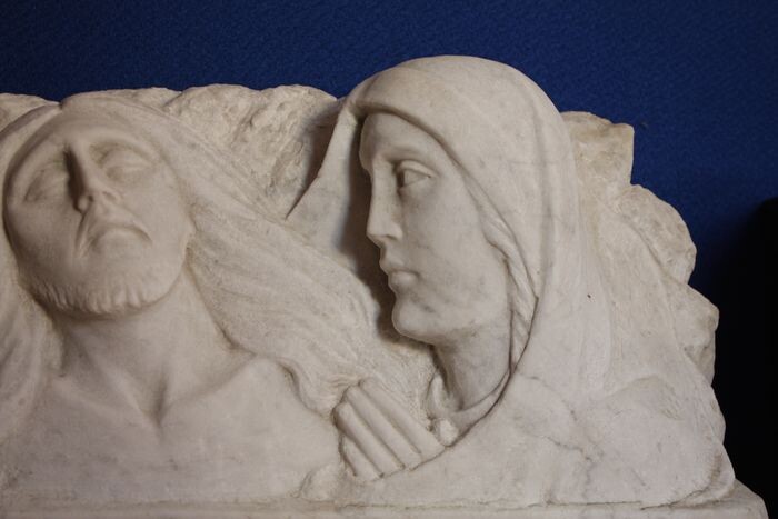 Large Relief Sculpture of Jesus and Mary - Hand Sculpted - 53cm (1) - White Statuary Marble of Carrara - 20th century