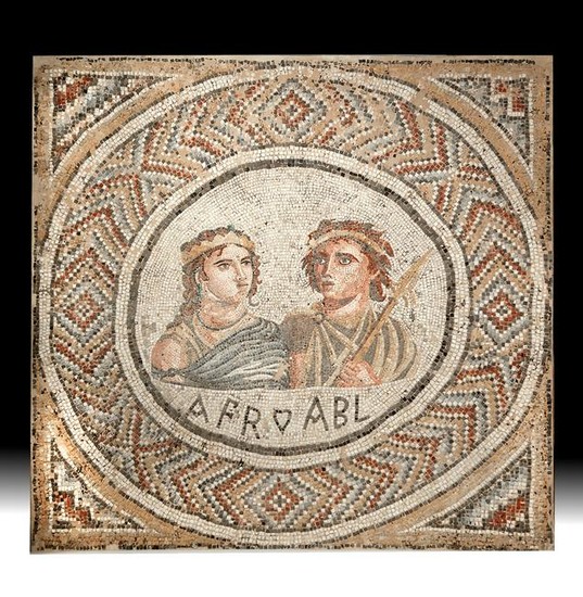 Large Roman Stone Mosaic - Regal Couple w/ Initials