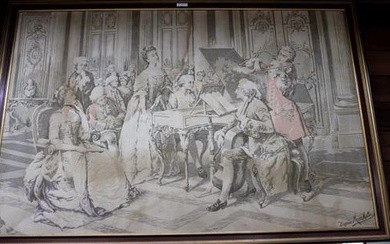 Large antique French tapestry of colonial musicians in parlor