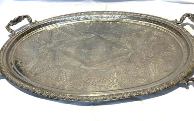 Large, silver-plated Tray with four handles