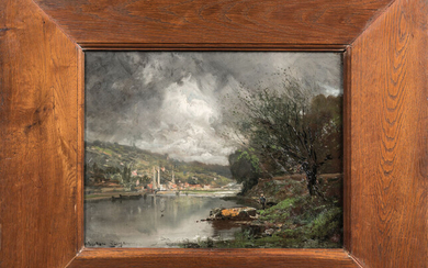 Lot 69 Théodore LEVIGNE (1848-1912). Paysage au pont de Fontaines-sur-Saône. Huile sur toile. Signé en bas à gauche. Situé au dos. 35...
