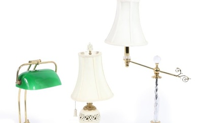 Lot of 3 brass table lamps: Banker's desk lamp with green glass shade, Lenox Quoizele lamp with