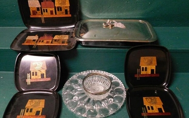 Lot of Couroc Serving Trays & Covered Pyrex Casserole