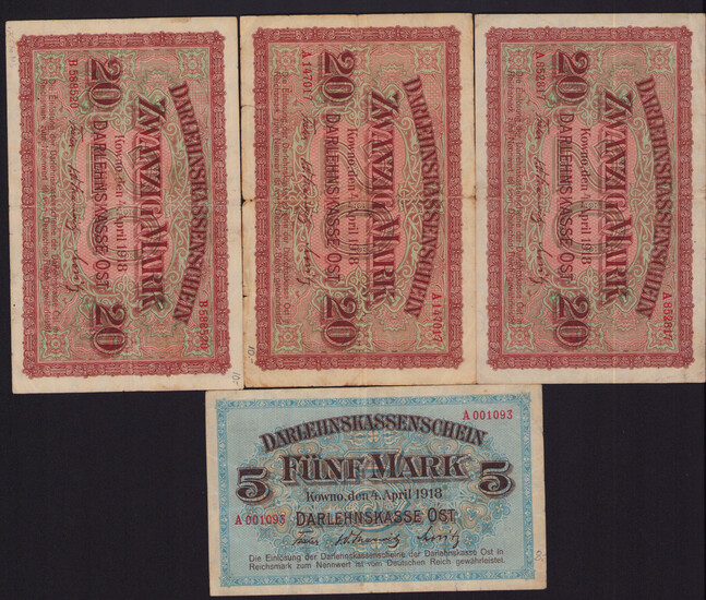 Lot of paper money: Germany, Lithuania, Kowno (Kaunas) 20 & 5 Mark 1918 (4)