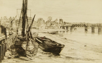Louis Thomson, British 1883-1962- View from Embankment; etching, signed and titled in pencil, 27 x 10.7 cm: Louis Thomson, Chelsea Embankment; lithograph in colours, signed and titled in pencil, 33 x 24 cm: Charles John Watson, British 1846-1927-...