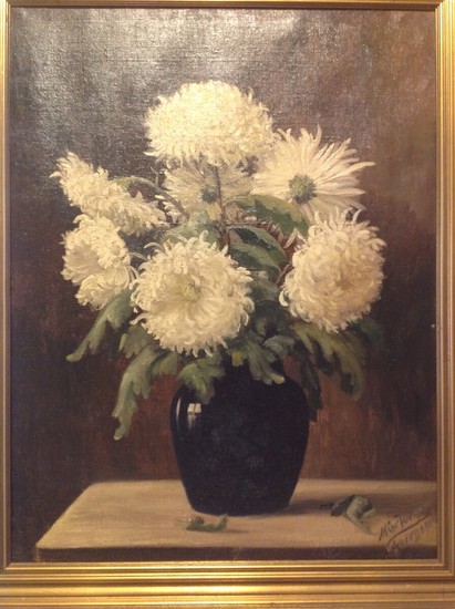 M. Chr. Jørgensen Foergaard: Chrysanthemum flowers in vase upon table. Signed M. Chr. Jørgensen Foergaard. Oil on canvas. 63×48 cm.