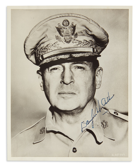 MACARTHUR, DOUGLAS. Photograph Signed, bust portrait by U.S. Army, showing him in uniform...