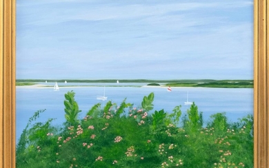 MARY FLAIG, United States, Contemporary, A view of sailboats through beach roses., Oil on board, 16" x 20". Framed 18" x 20".