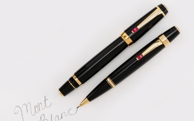 MONTBLANC BOHEME ROUGE MINI BALLPOINT PEN AND MECHANICAL PENCIL Both with clips set with a synthetic ruby. Includes original box. Pe...