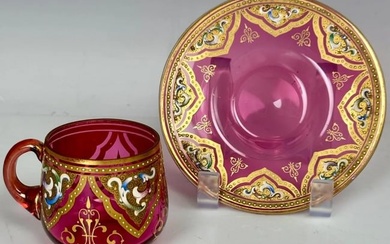MOSER ENAMELLED AND GILT CUP AND SAUCER