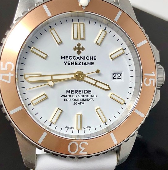 Meccaniche Veneziane - Automatic Watch Nereide LIMITED EDITION Argilla Crema + Rubber Strap Swiss Made - W&C White - Men - Brand New