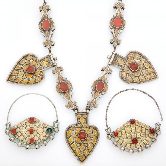 Metal and Carnelian Ethnic Ornaments and Pendant-Necklace