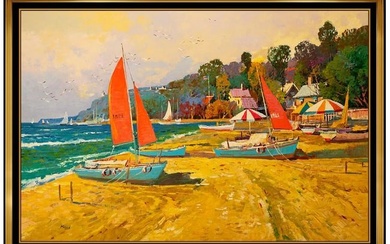Ming Feng Large Painting Oil On Canvas Signed Beach Landscape Waterfront Artwork