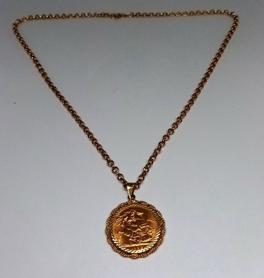 Mixed Yellow gold - Necklace with pendant 1 pound in 22 kt gold from 1958 in perfect BU