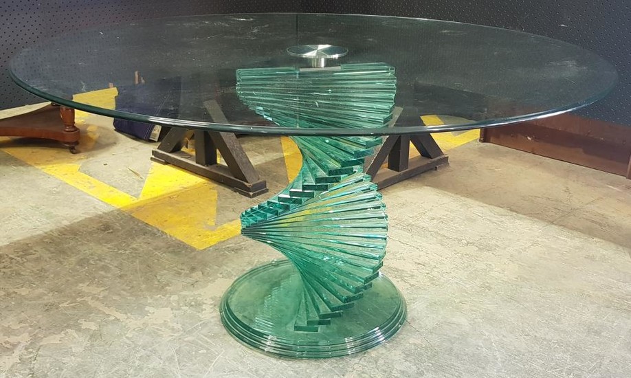 Modern Glass Top Table with Stacked Glass Pedestal Base (H: 74 x D: 140cm)