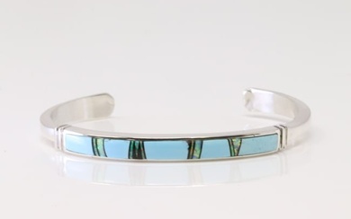 Native America Navajo Sterling Silver Multi-Color Stone Inlay Bracelet.