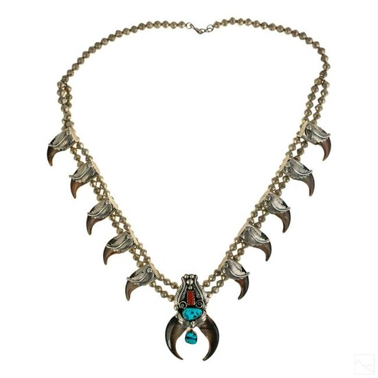 Native American Silver Claw Squash Blossom Necklace