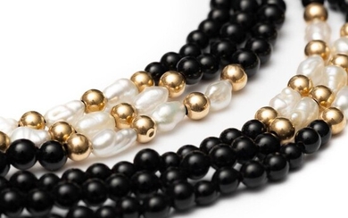 Necklace, GIA 14kt gold 3 strand onyx and pearl