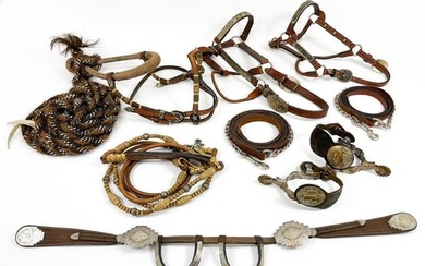 Nick Chavez Collection: Lot of Vintage Sterling Leather Bridle Tack and Spurs