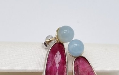 No Reserve Price - Drop earrings Silver Ruby - Aquamarine