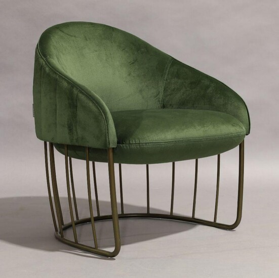 Note Design Studio, a 'Tonella' lounge chair for Saclan, of recent manufacture, with green velvet upholstered barrell shaped seat on powder coated steel rod supports