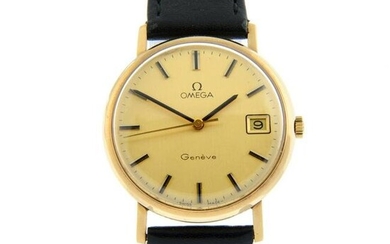 OMEGA - a GenÃ¨ve wrist watch. 9ct yellow gold case, hallmarked London 1974. Case width 33mm.