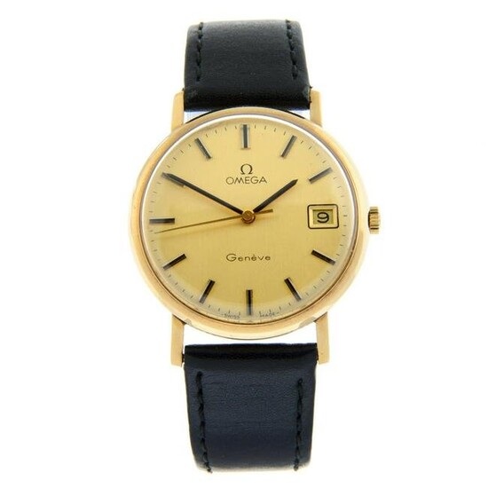 OMEGA - a GenÃ¨ve wrist watch. 9ct yellow gold case, hallmarked London 1974. Case width 33mm.