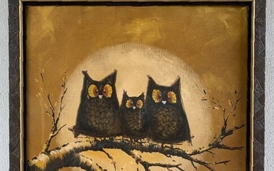Oil on Canvas Mid-Century "Owls" Painting by Gassot