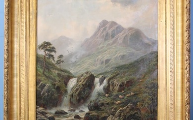 Oil on canvas, "The Highland Torrent", by A. Dunnington, 58 x 45