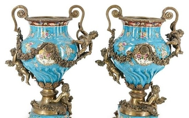 Ornamental Blue Porcelain & Bronze Footed Vases