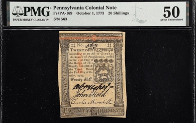 PA-169. Pennsylvania. October 1, 1773. 20 Shillings. PMG About Uncirculated 50.