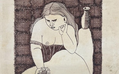 PABLO PICASSO PEN ON PAPER WOMAN ADMIRING FLOWER