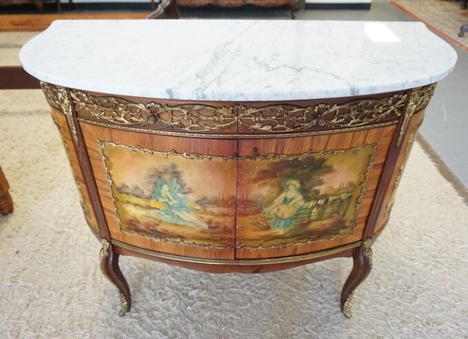 PAINT DECORATED DEMILUNE MARBLE TOP CREDENZA