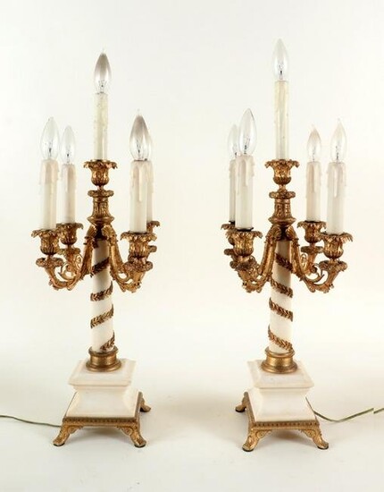 PAIR 19TH C. FRENCH GILT BRONZE MARBLE LAMPS