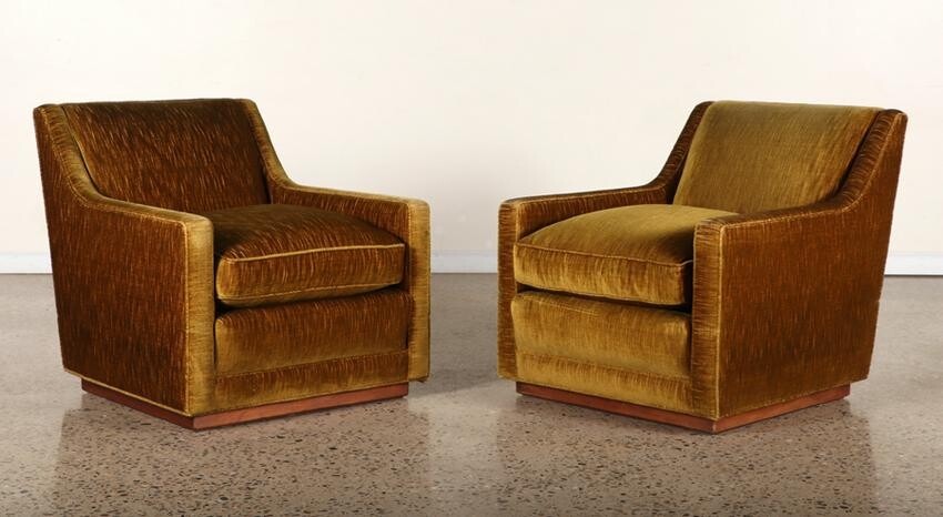 PAIR GOLD UPHOLSTERED LOUNGE CHAIRS C. 1950